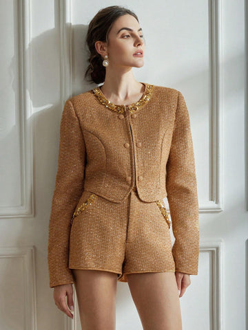 2pcs Women Elegant Sequin Embroidery Wool Blend Cropped Jacket & Shorts Suit, Autumn/Winter