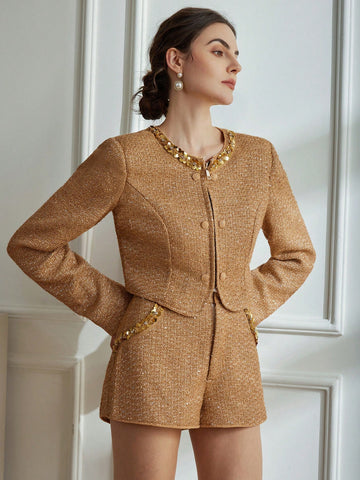 2pcs Women Elegant Sequin Embroidery Wool Blend Cropped Jacket & Shorts Suit, Autumn/Winter