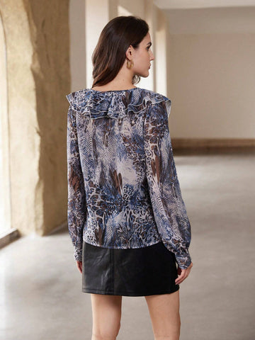 Rosie Animal Snake Print Ruffle Hem Chiffon Long Sleeve Shirt