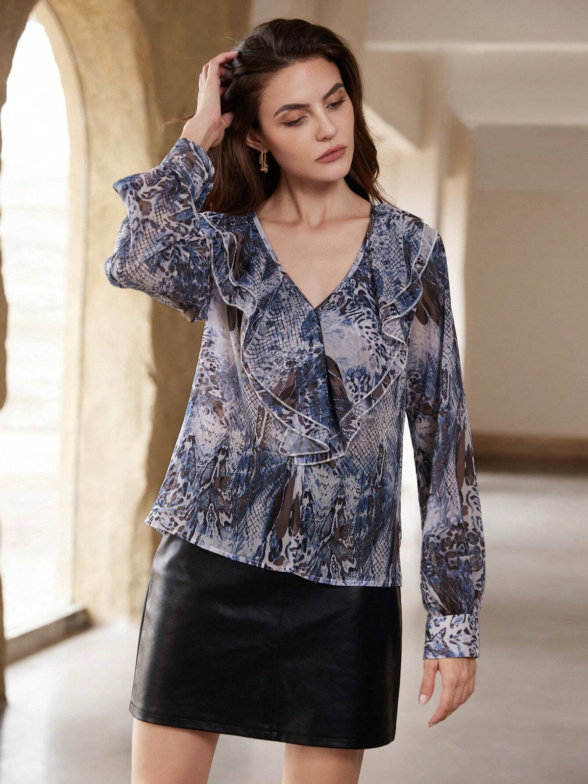 Rosie Animal Snake Print Ruffle Hem Chiffon Long Sleeve Shirt