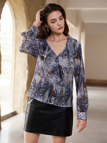 Rosie Animal Snake Print Ruffle Hem Chiffon Long Sleeve Shirt