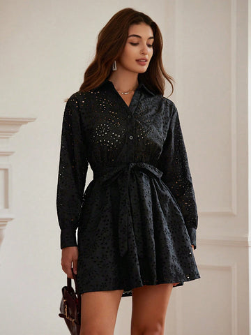 Commuting Stylish Elegant V-Neck Shirt Collar Waist Tied Long Sleeve Women Mini Dress