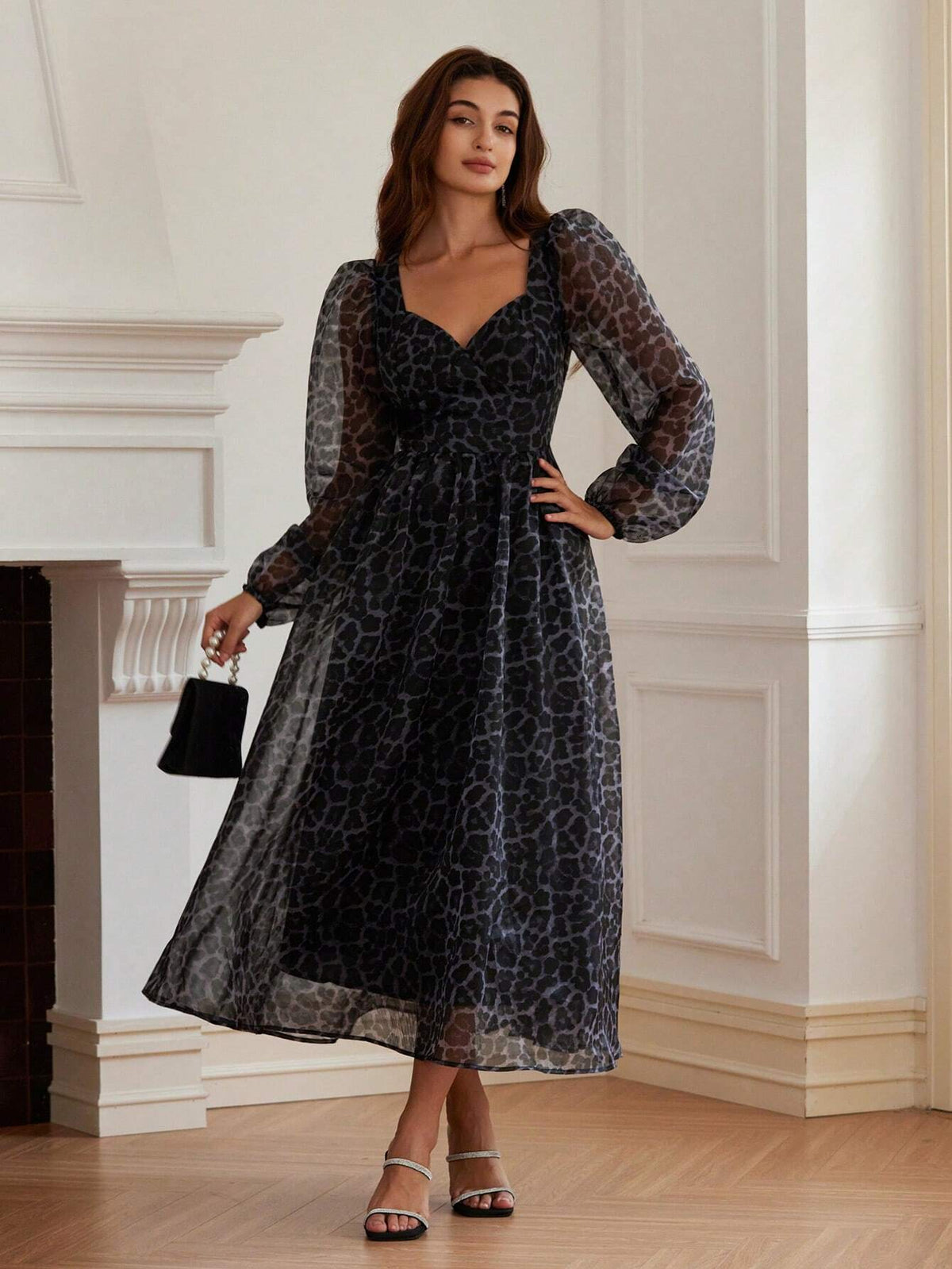 Elegant Commute Organza Random Heart Print Sweetheart Neck Ruched Waist Puff Sleeve Long