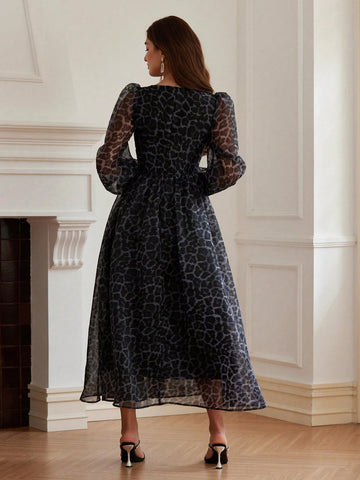 Elegant Commute Organza Random Heart Print Sweetheart Neck Ruched Waist Puff Sleeve Long