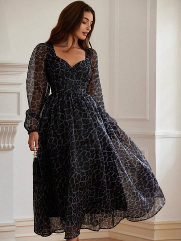 Elegant Commute Organza Random Heart Print Sweetheart Neck Ruched Waist Puff Sleeve Long