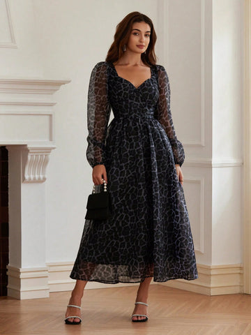 Elegant Commute Organza Random Heart Print Sweetheart Neck Ruched Waist Puff Sleeve Long