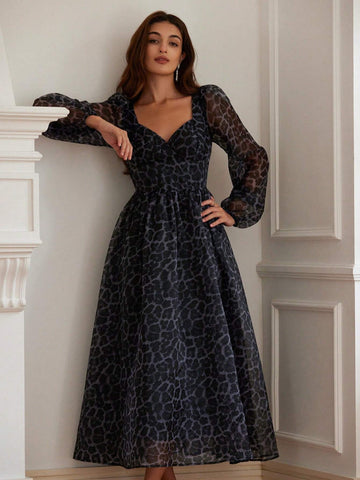 Elegant Commute Organza Random Heart Print Sweetheart Neck Ruched Waist Puff Sleeve Long