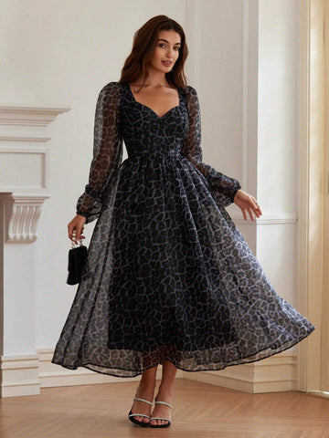 Elegant Commute Organza Random Heart Print Sweetheart Neck Ruched Waist Puff Sleeve Long