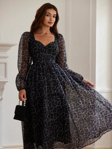 Elegant Commute Organza Random Heart Print Sweetheart Neck Ruched Waist Puff Sleeve Long