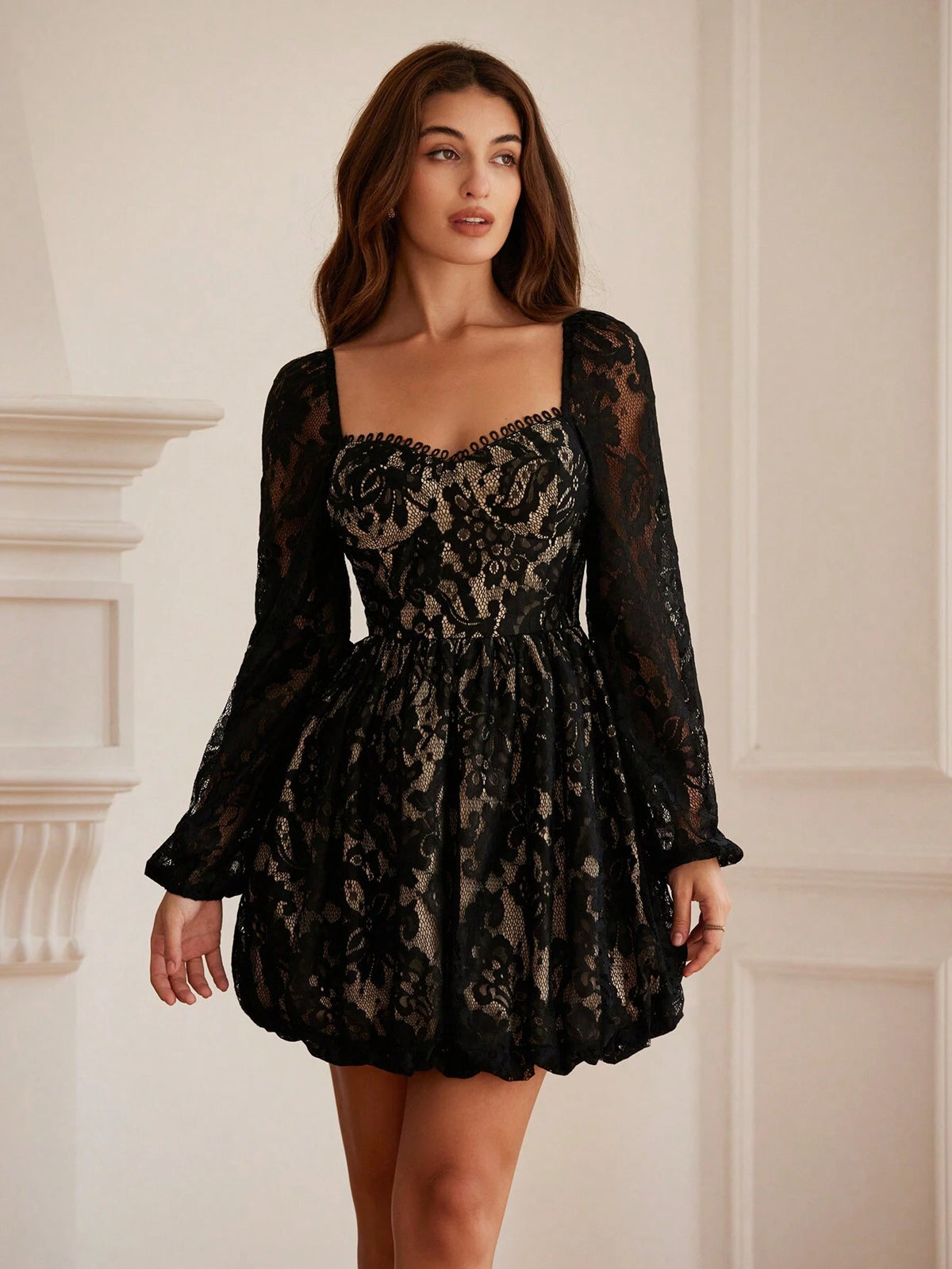 Elegant Contrast Color Lace Heart Neck Ruched Puff Sleeve Mini Dress For Women