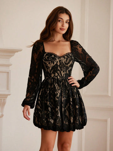 Elegant Contrast Color Lace Heart Neck Ruched Puff Sleeve Mini Dress For Women