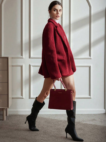 Elegant French Style Faux Lamb Wool Mid-Length Jacket & Mini Bodycon Skirt 2-Piece Set, Women Winter Outfit