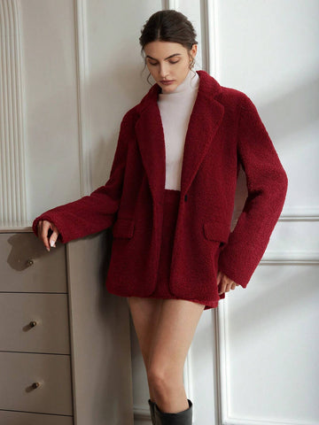 Elegant French Style Faux Lamb Wool Mid-Length Jacket & Mini Bodycon Skirt 2-Piece Set, Women Winter Outfit