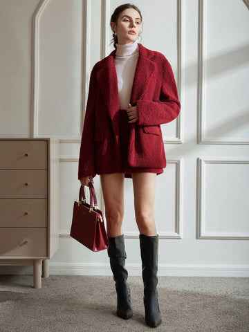 Elegant French Style Faux Lamb Wool Mid-Length Jacket & Mini Bodycon Skirt 2-Piece Set, Women Winter Outfit