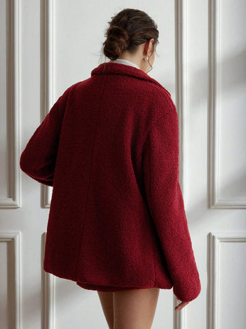 Elegant French Style Faux Lamb Wool Mid-Length Jacket & Mini Bodycon Skirt 2-Piece Set, Women Winter Outfit