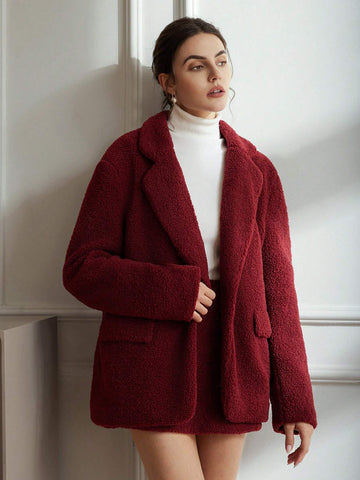 Elegant French Style Faux Lamb Wool Mid-Length Jacket & Mini Bodycon Skirt 2-Piece Set, Women Winter Outfit