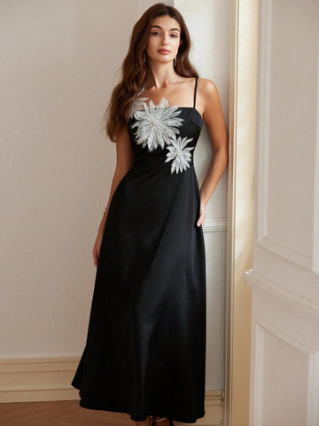 Elegant New Arrivals Waist Cinched A-Line Dress With Contrast Color 3D Floral Applique Design, For