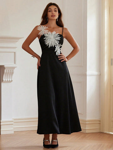 Elegant New Arrivals Waist Cinched A-Line Dress With Contrast Color 3D Floral Applique Design, For