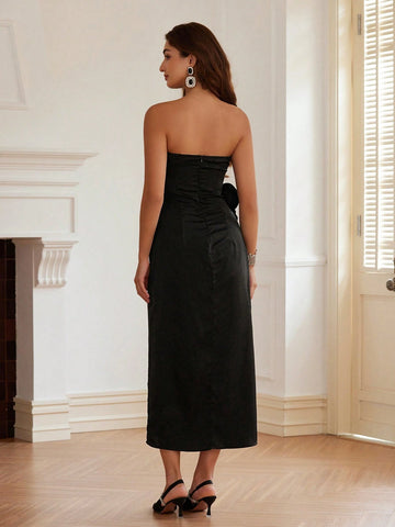 Elegant Party Dress With Embellished Floral Neckline, Tassels Accent, High Slit Design, Sexy Straples