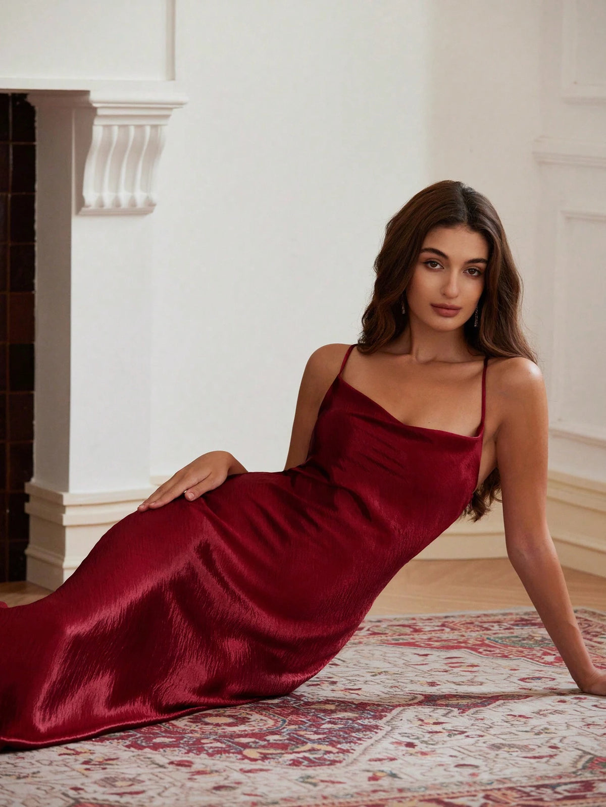 Elegant Party Sexy Wave Draped Neck Glossy Textured Satin Camisole Long Dress Fitted Waist