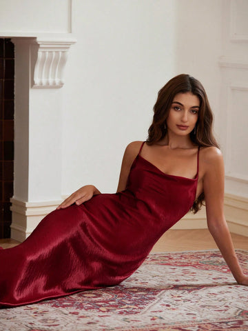 Elegant Party Sexy Wave Draped Neck Glossy Textured Satin Camisole Long Dress Fitted Waist