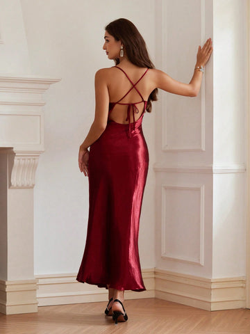 Elegant Party Sexy Wave Draped Neck Glossy Textured Satin Camisole Long Dress Fitted Waist