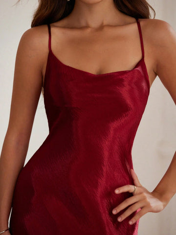 Elegant Party Sexy Wave Draped Neck Glossy Textured Satin Camisole Long Dress Fitted Waist
