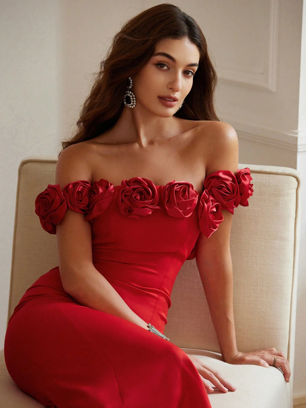 Elegant Red 3D Floral Off Shoulder Backless Sexy Fishtail Dress, Autumn/Winter