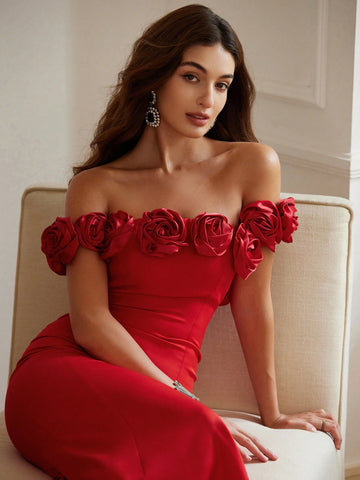 Elegant Red 3D Floral Off Shoulder Backless Sexy Fishtail Dress, Autumn/Winter