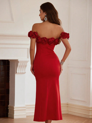 Elegant Red 3D Floral Off Shoulder Backless Sexy Fishtail Dress, Autumn/Winter