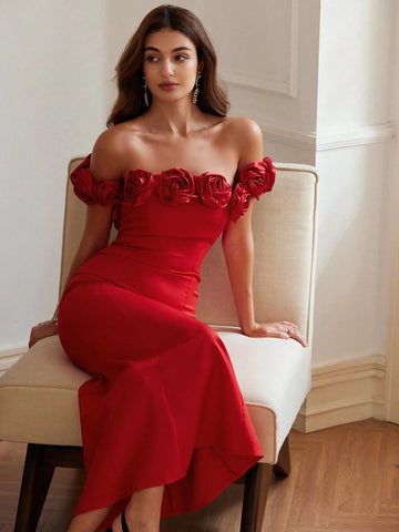 Elegant Red 3D Floral Off Shoulder Backless Sexy Fishtail Dress, Autumn/Winter