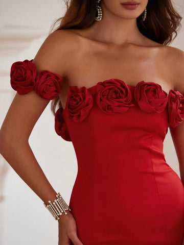 Elegant Red 3D Floral Off Shoulder Backless Sexy Fishtail Dress, Autumn/Winter
