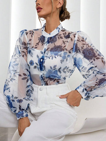 Rosie Elegant Sheer Floral Printed Button Down Lantern Sleeve Blouse