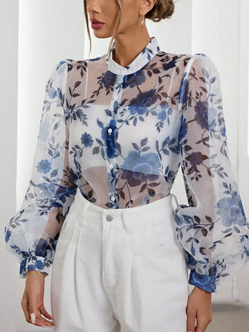 Rosie Elegant Sheer Floral Printed Button Down Lantern Sleeve Blouse