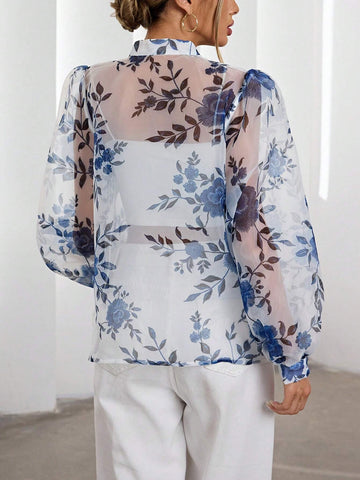 Rosie Elegant Sheer Floral Printed Button Down Lantern Sleeve Blouse