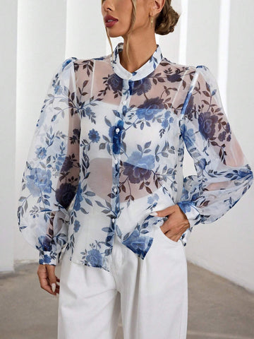 Rosie Elegant Sheer Floral Printed Button Down Lantern Sleeve Blouse