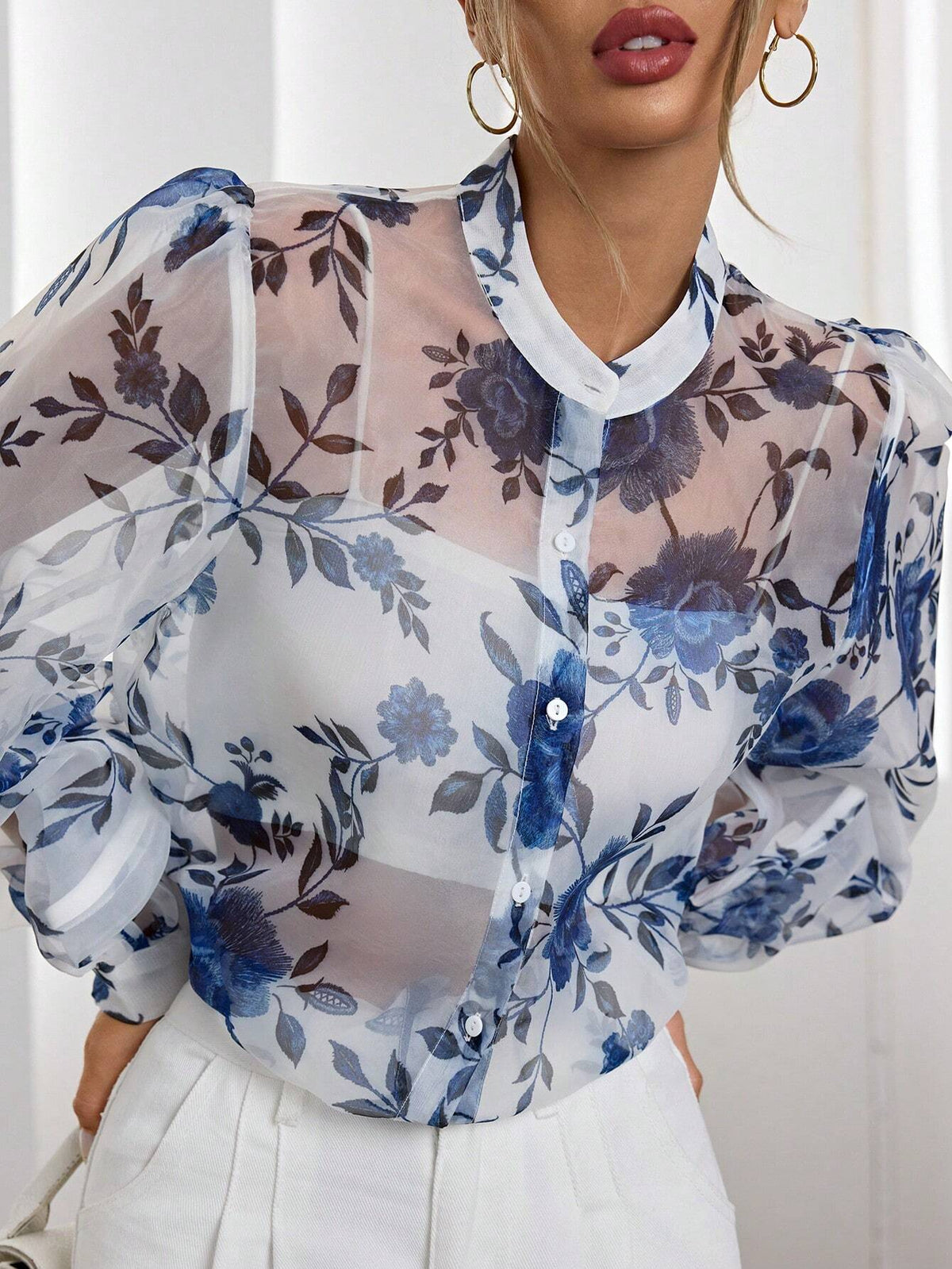 Rosie Elegant Sheer Floral Printed Button Down Lantern Sleeve Blouse