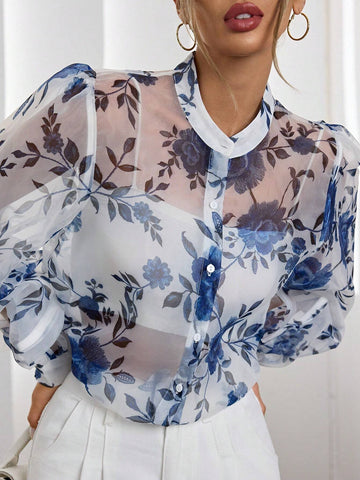Rosie Elegant Sheer Floral Printed Button Down Lantern Sleeve Blouse