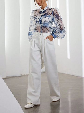 Rosie Elegant Sheer Floral Printed Button Down Lantern Sleeve Blouse