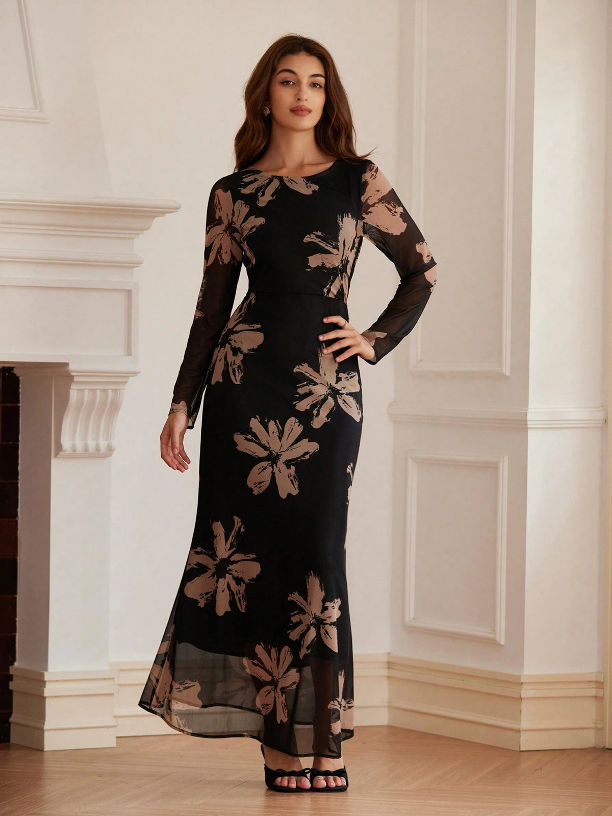 Elegant Vintage Mesh Floral Print Backless Scooped Neck Cinched Waist Maxi Bodycon Dress For