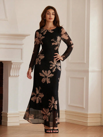 Elegant Vintage Mesh Floral Print Backless Scooped Neck Cinched Waist Maxi Bodycon Dress For