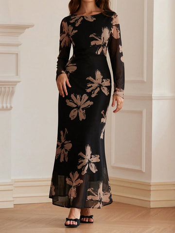 Elegant Vintage Mesh Floral Print Backless Scooped Neck Cinched Waist Maxi Bodycon Dress For