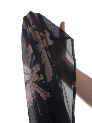 Elegant Vintage Mesh Floral Print Backless Scooped Neck Cinched Waist Maxi Bodycon Dress For