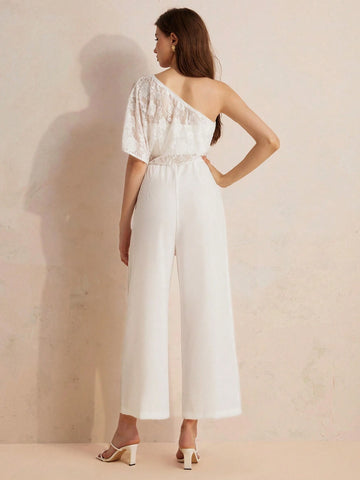Exquisite And Elegant Lace One Shoulder Jumpsuit With Irregular Split For Women, INS Style