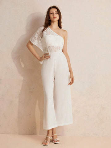 Exquisite And Elegant Lace One Shoulder Jumpsuit With Irregular Split For Women, INS Style