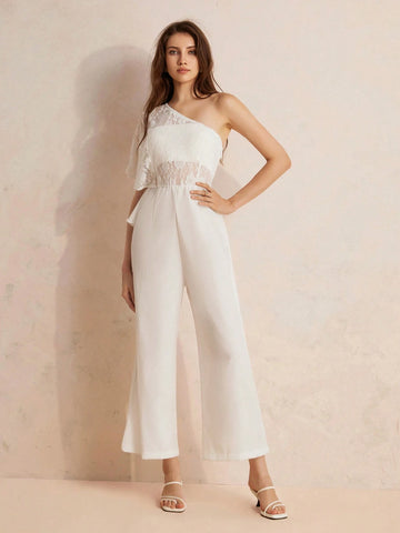 Exquisite And Elegant Lace One Shoulder Jumpsuit With Irregular Split For Women, INS Style