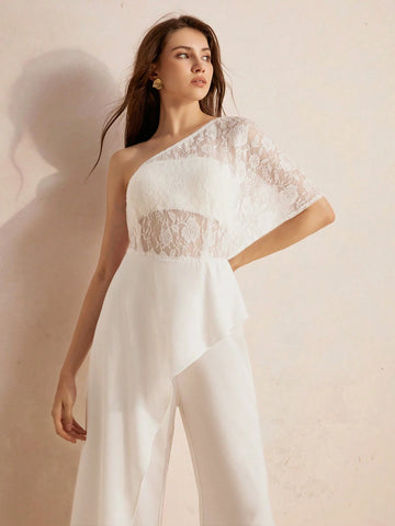 Exquisite And Elegant Lace One Shoulder Jumpsuit With Irregular Split For Women, INS Style