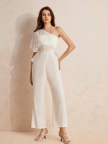 Exquisite And Elegant Lace One Shoulder Jumpsuit With Irregular Split For Women, INS Style
