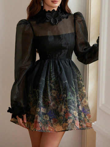 French Elegant Quality Organza Stereo Flower Design V-Neck Mini Dress For Women