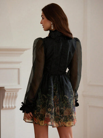 French Elegant Quality Organza Stereo Flower Design V-Neck Mini Dress For Women